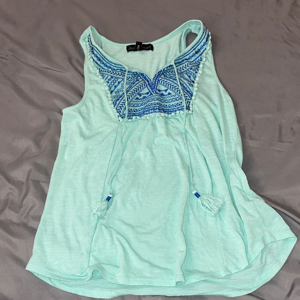 Derek Heart Aqua Tank Top with Blue Embroidery